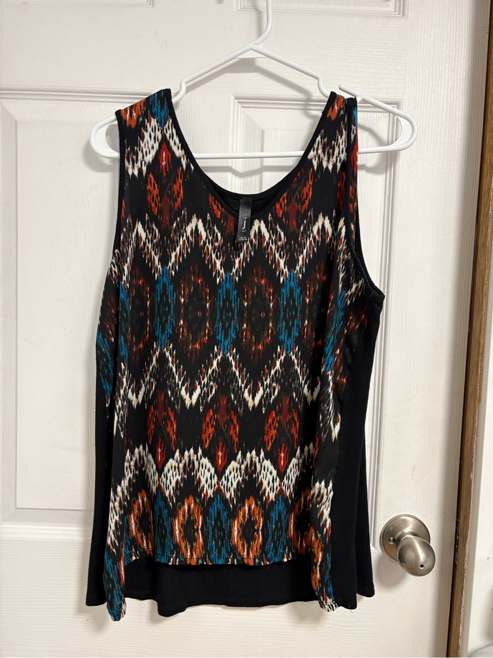 Sleeveless Patterned Tank Top - Black with Teal & Rust